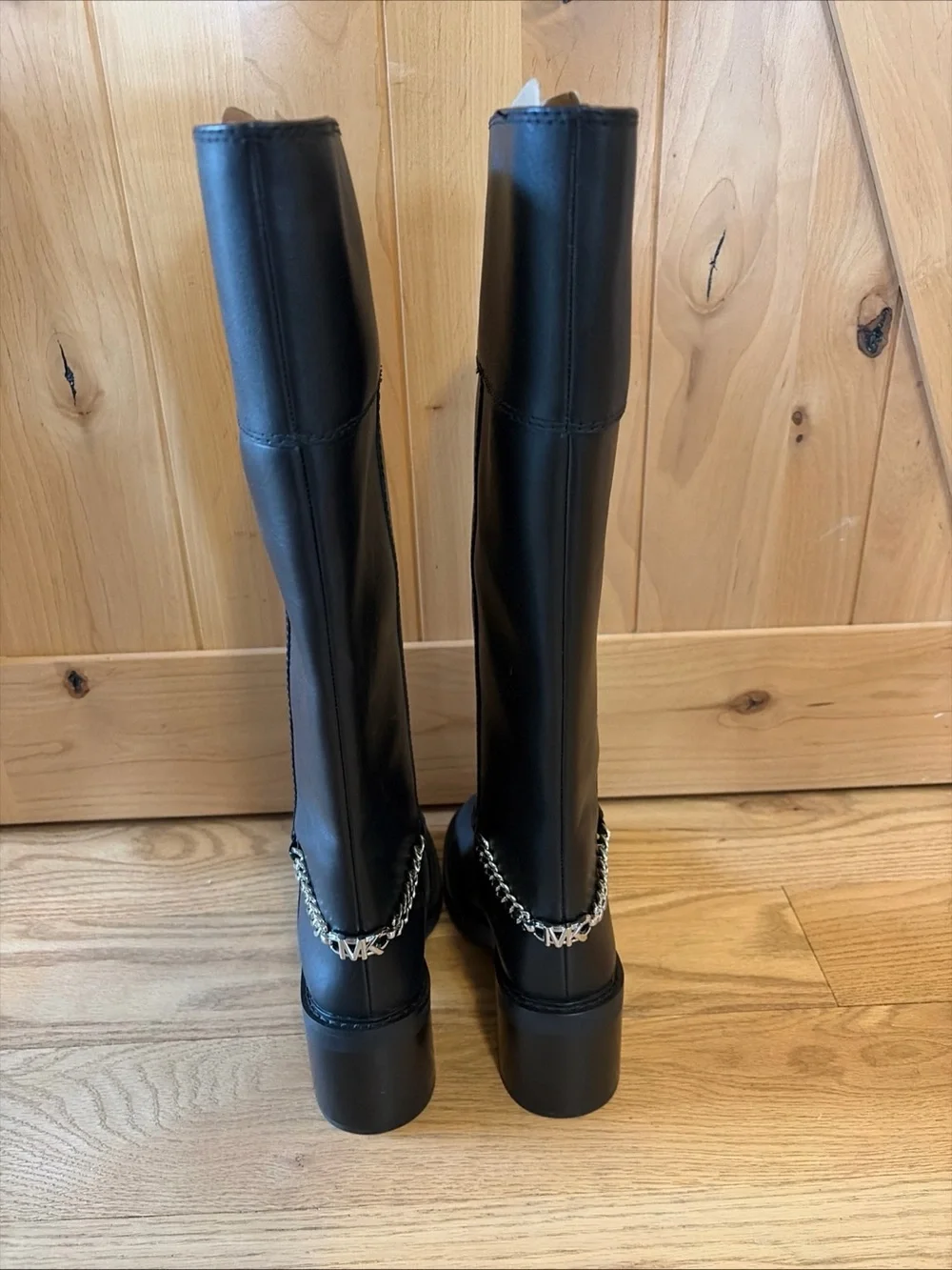 MICHAEL KORS Carlisle Tall Leather Riding Boots Black Chunky Chain US 7.5 NWOB